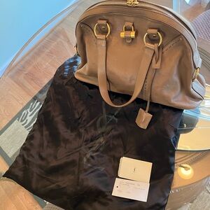 Saint Laurent Taupe Leather Dome Satchel with Gold Hardware